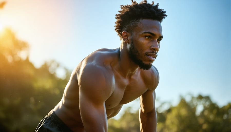 Close-up of athlete's legs in running gear on outdoor track