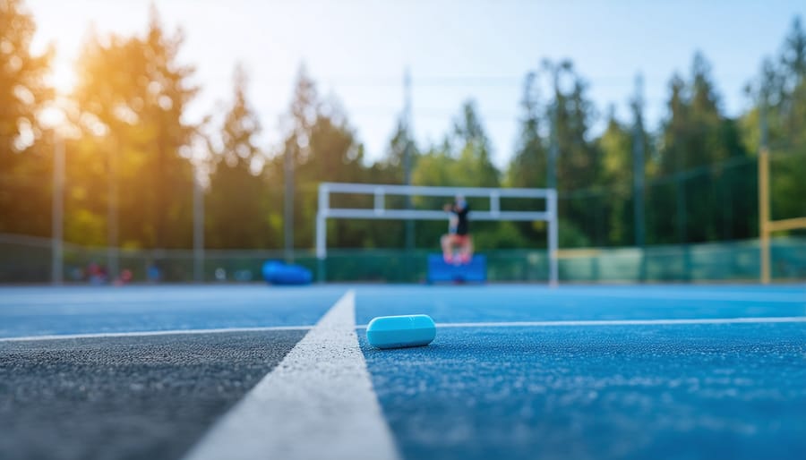 Hands holding amber dropper bottle with athletic equipment in background