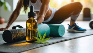 Close-up of an amber hemp extract dropper bottle next to a foam roller and running shoes on a gym bench, with an adult athlete stretching on a mat in the sunlit background, shallow depth of field.