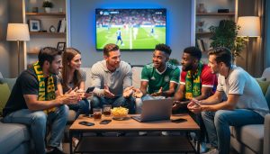 Diverse soccer fans discuss plays around a coffee table with phones and a laptop while a large TV shows a blurred soccer match, warm ambient light and TV glow creating a collaborative atmosphere.