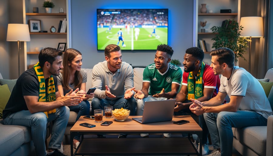 Diverse soccer fans discuss plays around a coffee table with phones and a laptop while a large TV shows a blurred soccer match, warm ambient light and TV glow creating a collaborative atmosphere.
