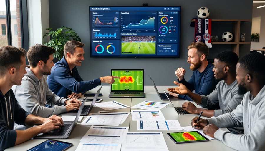Workspace showing soccer match statistics, tactical analysis, and study materials spread across desk