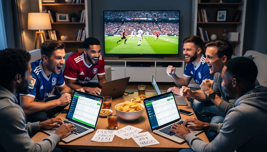 Group of diverse soccer fans engaged in animated discussion while watching a match together