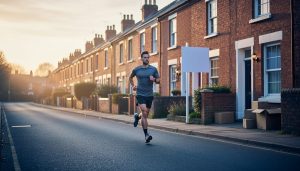Runner jogging at dawn on a quiet British terraced street, lit by warm side sunlight, with slightly blurred houses, a blank real estate signpost, and a few moving boxes in the background.