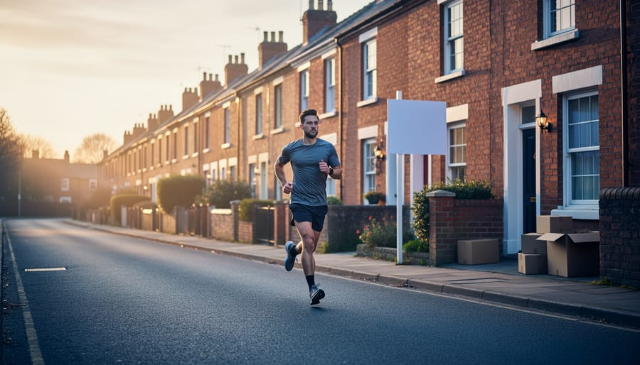 Runner jogging at dawn on a quiet British terraced street, lit by warm side sunlight, with slightly blurred houses, a blank real estate signpost, and a few moving boxes in the background.