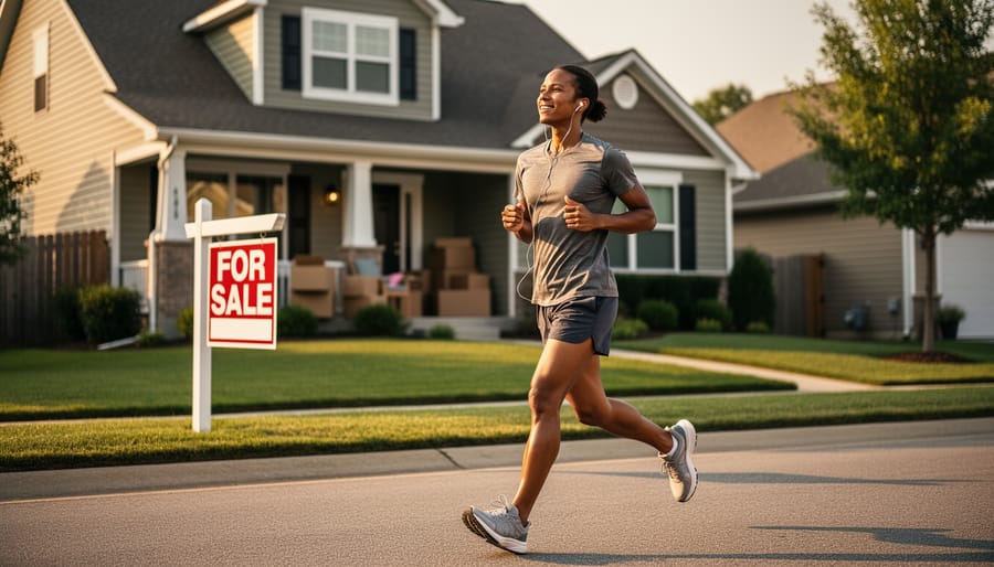 Woman tying running shoes on front steps of house being sold