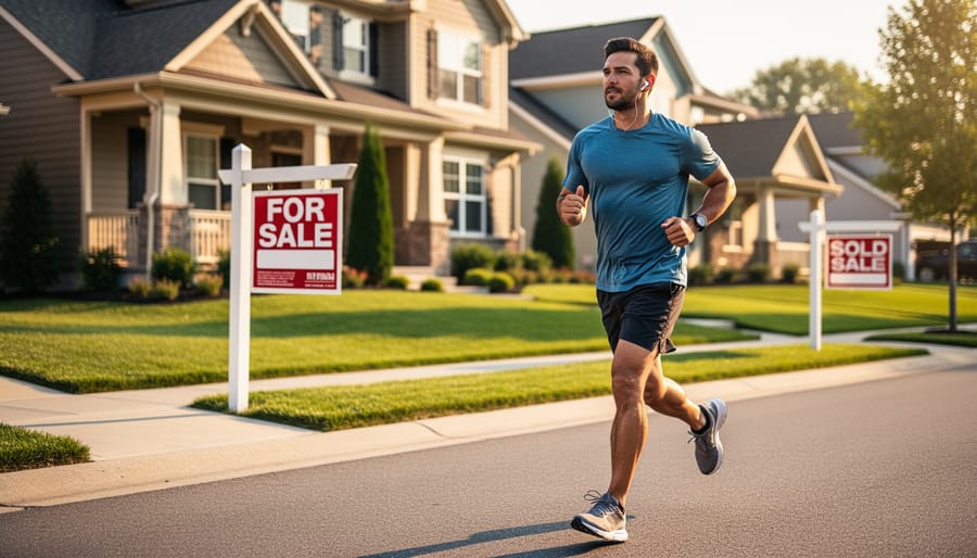 Runner jogging through residential neighborhood in early morning light