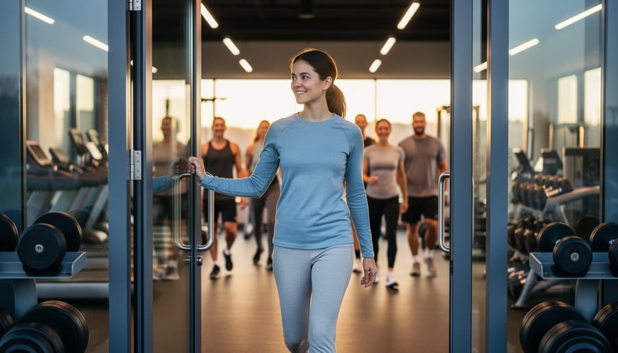 Person in athleisure stepping through a gym doorway with a slight smile, photographed from a low angle, with blurred weights, cardio machines, and friendly gym-goers in soft morning light.
