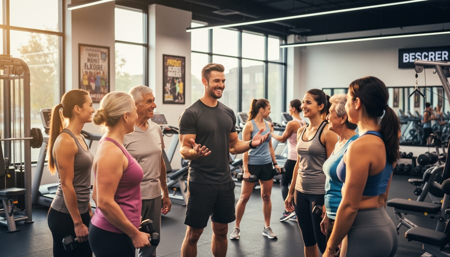 Diverse group of beginners smiling and talking together in a modern gym environment