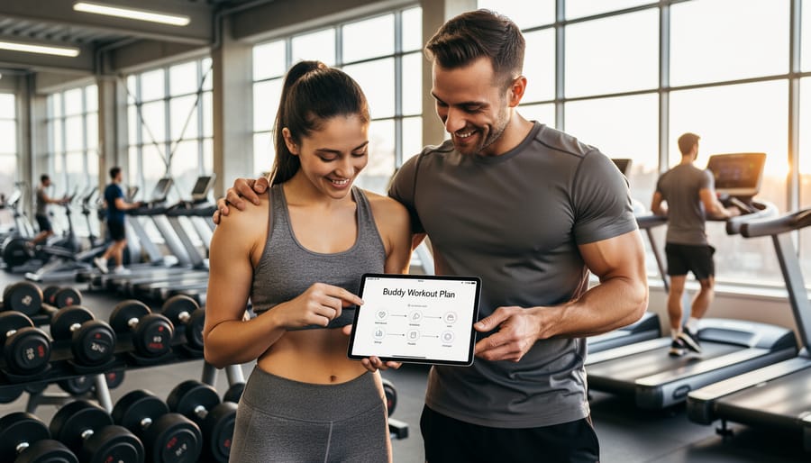 Two friends exercising together on gym mats providing mutual support and encouragement