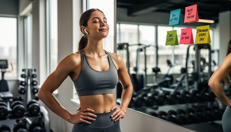 Confident woman standing in gym ready to begin workout with positive mindset