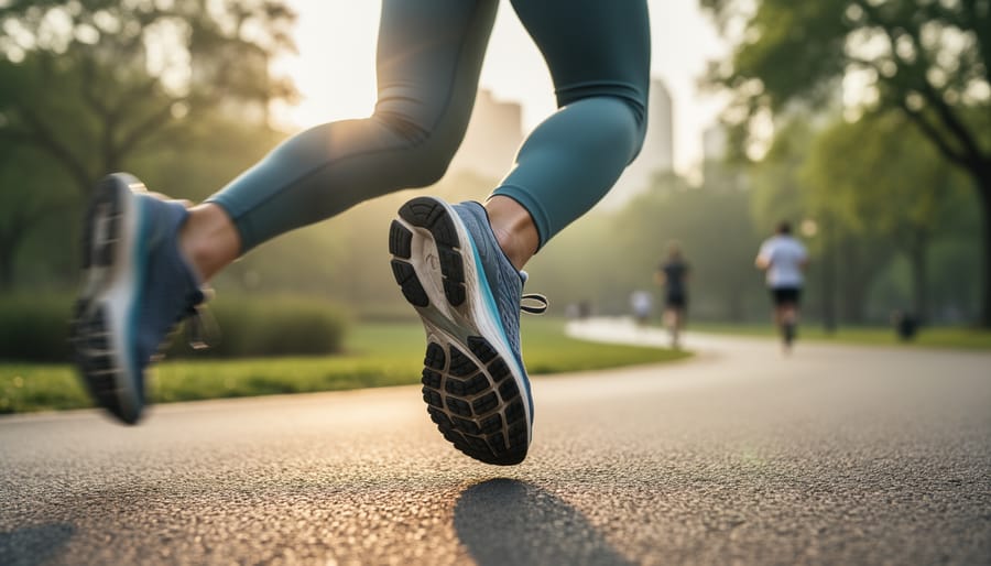 Low-angle view of a runner’s leading foot landing with proper form on a sunlit park path, with blurred greenery in the background.