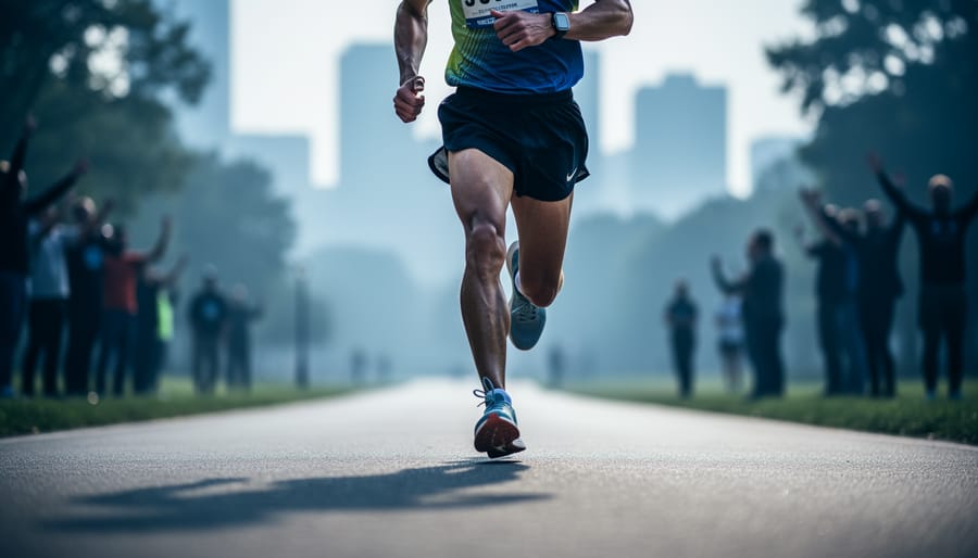 “Half marathon runner jogging on a paved park path during early morning light, with trees blurred in the background to show motion and training focus.”