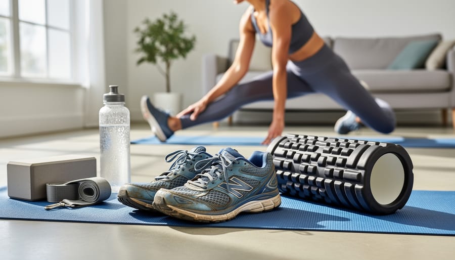 Running shoes with a foam roller and yoga mat for recovery and mobility