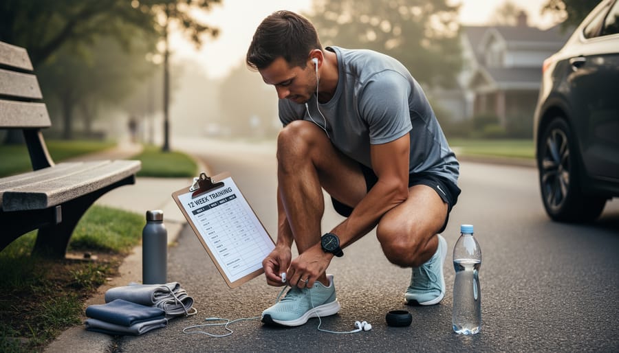 Runner tying shoelaces on a sidewalk before training