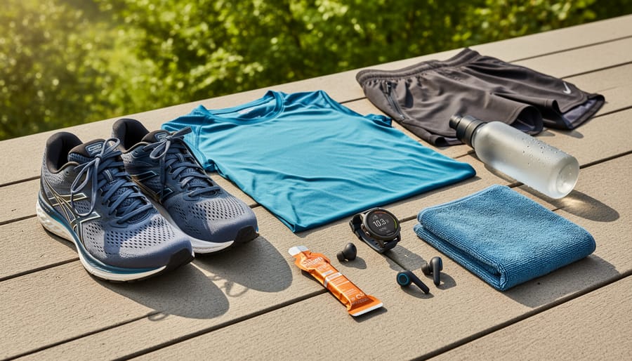 Running shoes and hydration bottle on a park path next to athletic gear