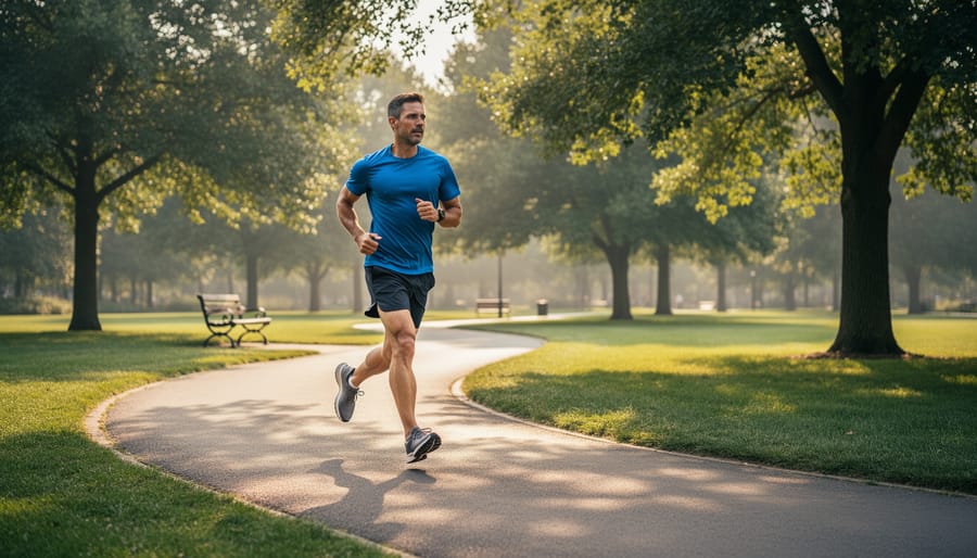 Runner maintaining smooth, controlled form on a park path