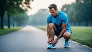 A runner tying shoelaces beside a quiet path at sunrise, representing preparation for a 12-week half marathon training plan.