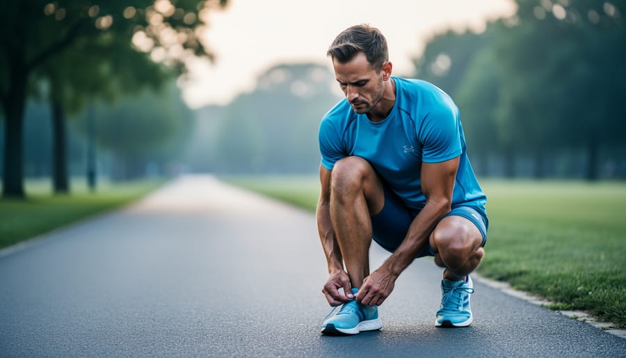 A runner tying shoelaces beside a quiet path at sunrise, representing preparation for a 12-week half marathon training plan.