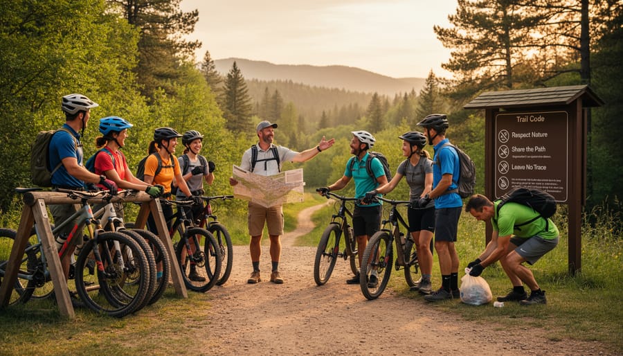 A group of cyclists and their local guide gather outdoors at a trailhead during golden hour, with mountain bikes nearby.