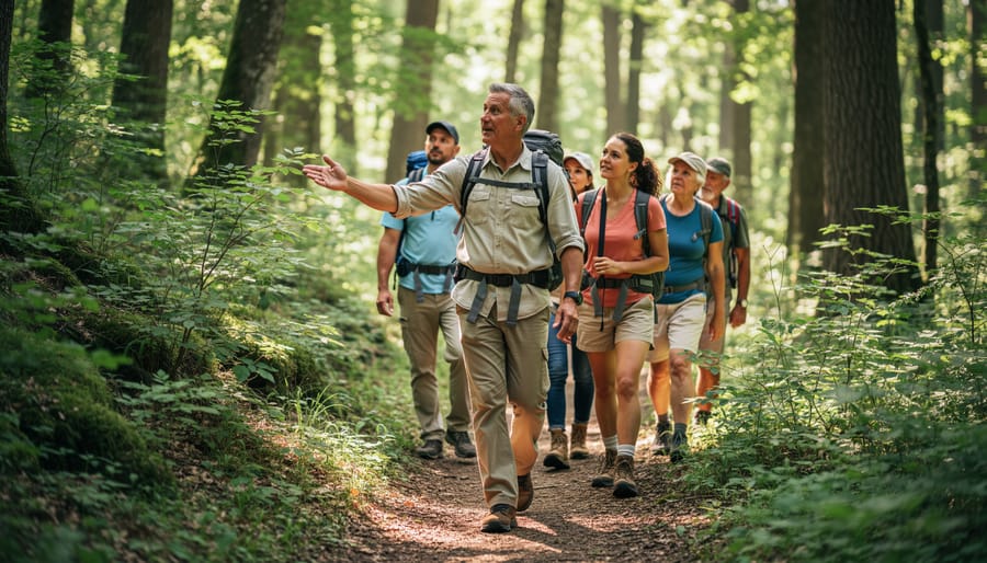 A local cycling guide talks with a small group of cyclists near a forest trail while holding a helmet.