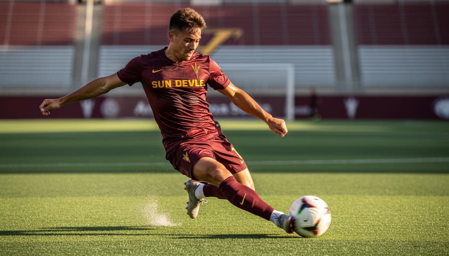 Arizona State Sun Devils women’s soccer player kicking a ball on the field with the goal and stadium in the background
