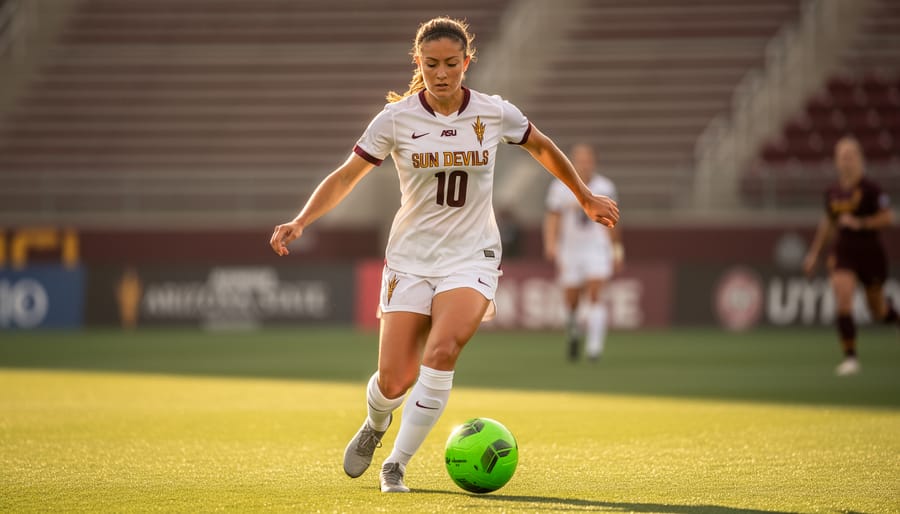 Arizona State women’s soccer player controlling a soccer ball on a grass field under golden hour lighting with a stadium blurred in the background.