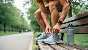 Beginner runner tying shoelaces next to running shoes, a hydration bottle, and a watch at a park bench before training.