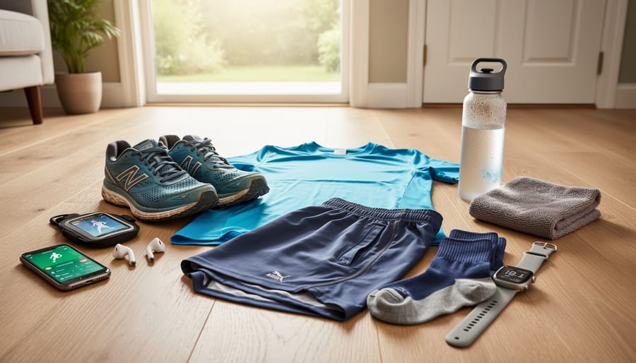 Beginner runner tying shoelaces next to running shoes and hydration gear at a park bench