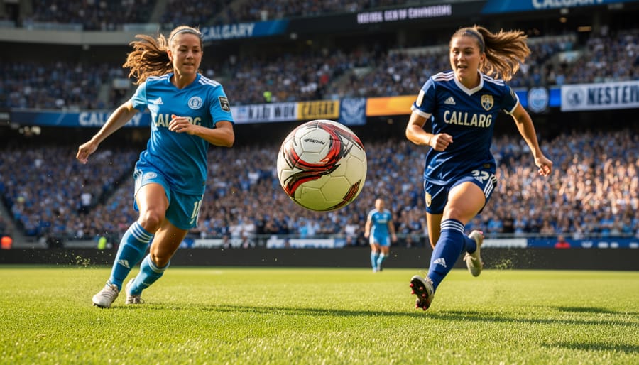Calgary women’s soccer players sprint for the ball during a match on a green field.