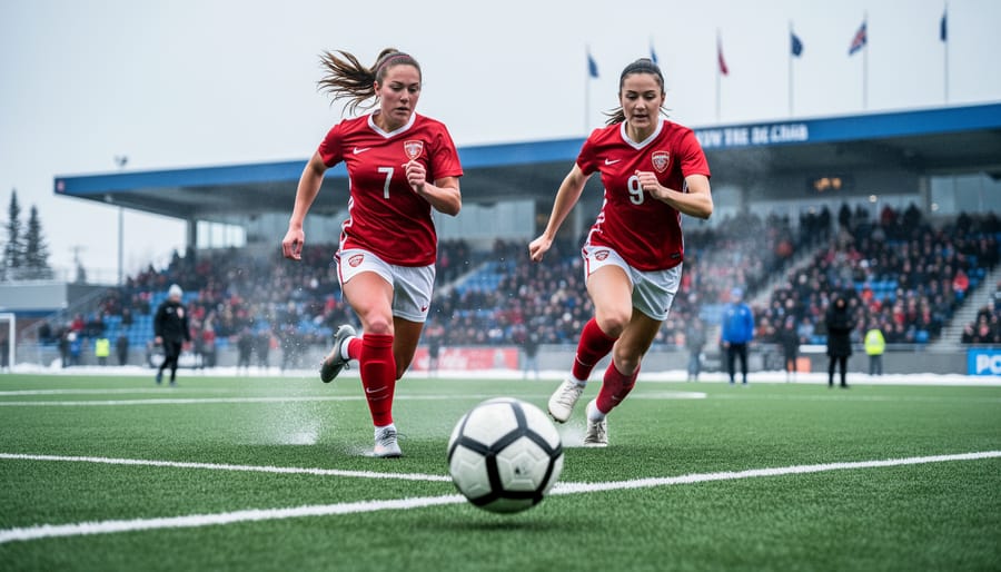 Calgary women’s soccer players sprint toward a ball during a match on a green turf field with a blurred crowd behind them.