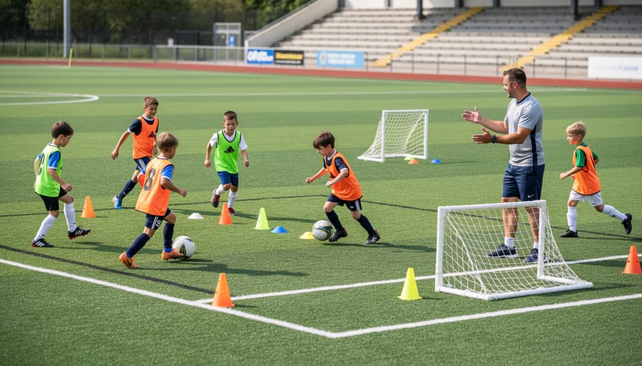 Children playing soccer with a coach on a smaller youth field