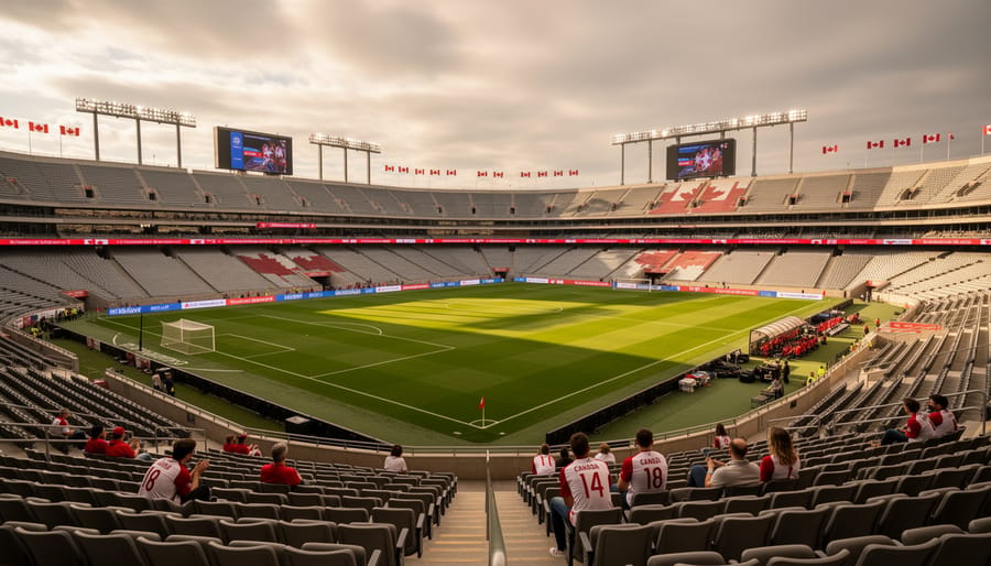 Empty soccer stadium goal with a single ball on the pitch under floodlights
