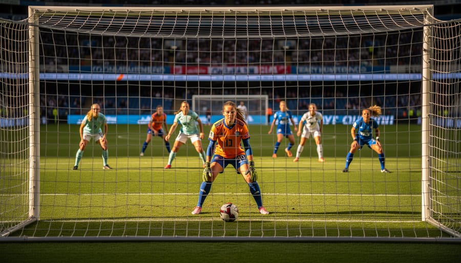 Goalkeeper adjusts gloves near the goal with a soccer ball on the turf during a women’s match.
