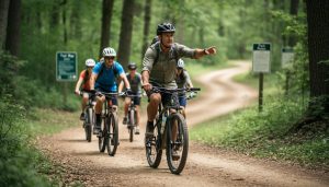 A local cycling guide leads a small group of helmeted cyclists along a winding forest trail in soft natural daylight.