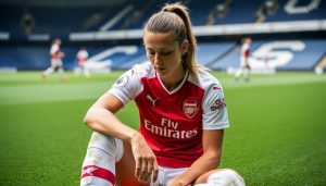Olivia Smith in an Arsenal kit seated on the soccer pitch in a reflective recovery moment after sustaining a concussion.