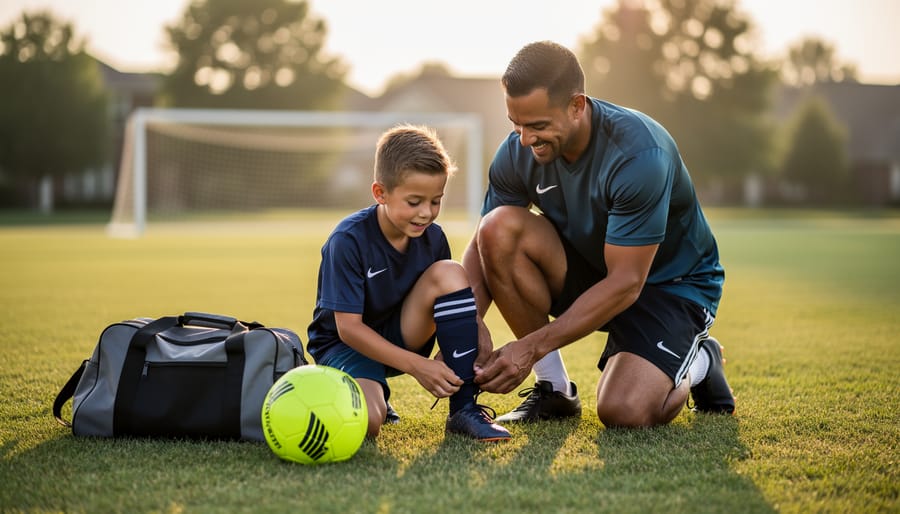 Parent helping a young soccer player lace cleats with a soccer ball on the sideline