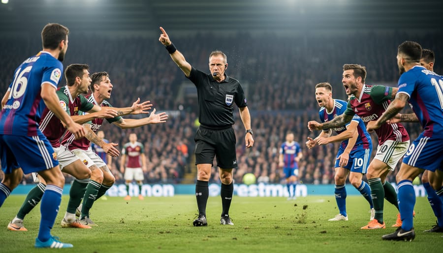 Referee separates two arguing soccer players while one player sits on the grass