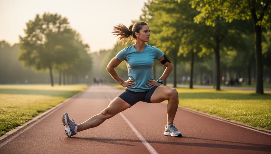 Runner performing dynamic warm-up on a track before starting a run