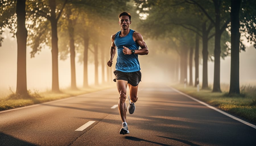 Runner seen from behind during a long run on a quiet road under an overcast morning sky