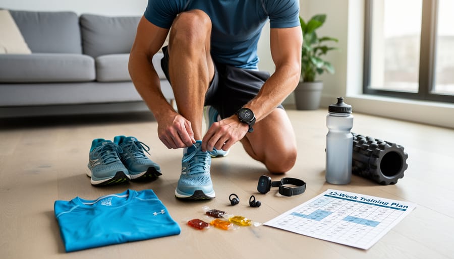 Runner tying shoelaces next to organized half marathon training gear including a GPS watch, water bottle, and foam roller