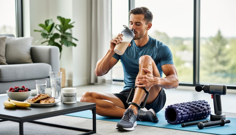 Runner using a foam roller for calf recovery while holding sports hydration and energy gel