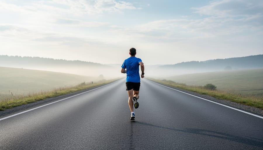 Runner viewed from behind on a misty early morning road during a long training run