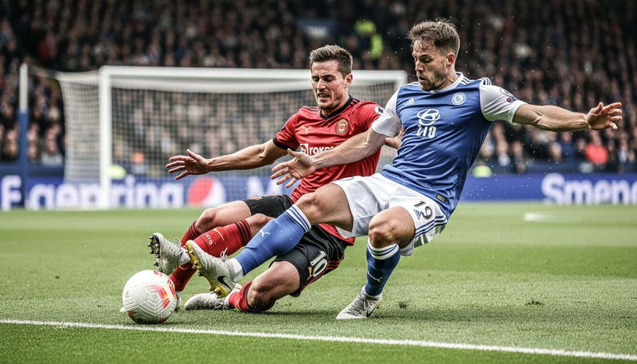 Soccer player on the ground clutching his leg near the penalty area under stadium lights