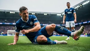 A soccer player clutches his shin and falls on the pitch as an opponent looks on during a match.