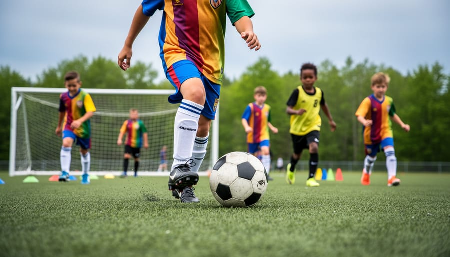 “Youth soccer players practicing dribbling and ball control on an outdoor grass field during summer training.”