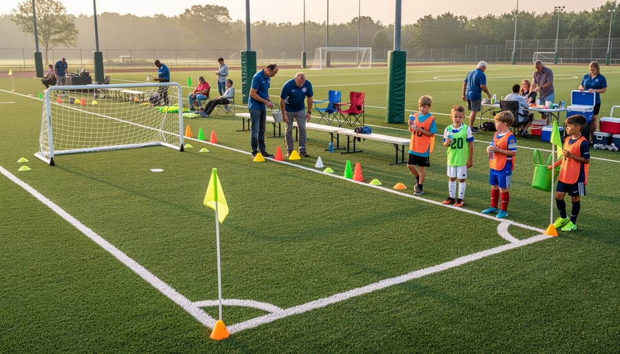 Volunteer adjusting small corner equipment on a youth soccer pitch before play