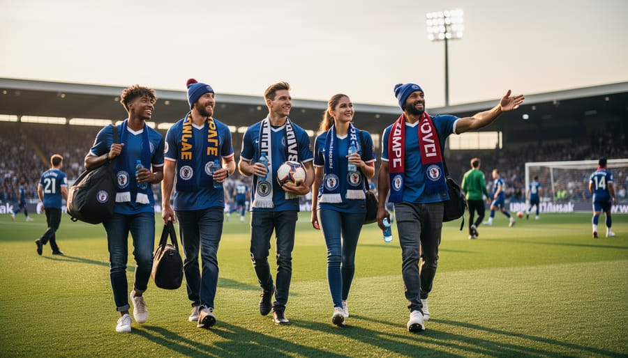 Women’s soccer fans arrive at a Calgary stadium before kickoff, holding gear and chatting in warm golden light.
