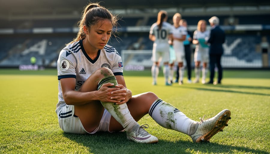 Women’s soccer forward in an Arsenal kit seated on the pitch in a reflective recovery moment