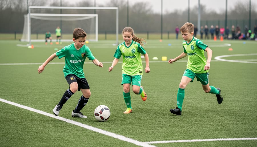 Youth soccer players practicing on a smaller grass field with a soccer ball near the sideline under bright daylight